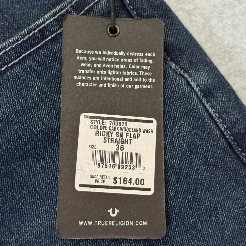 True Religion Ricky SN Flap Relaxed Straight Jeans Dark Woodland Wash 36x34 NWT